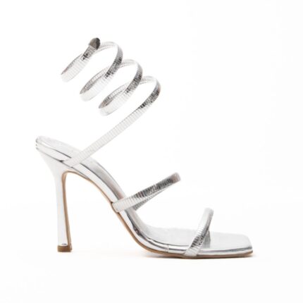 913 πέδιλα δερμάτινα metallic silver με σπιραλ λουράκι