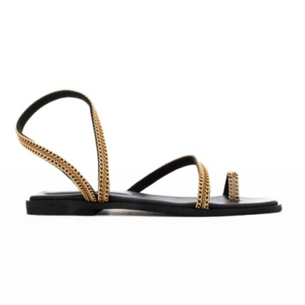 STRAF Σανδάλια flat Δερματινα Με Αλυσίδα και toe ring Μάυρο