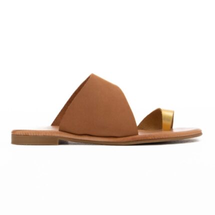 9/15 Σανδάλια Δερμάτινα Nubuck flat slide με Χρυσή Θηλιά Κάμελ